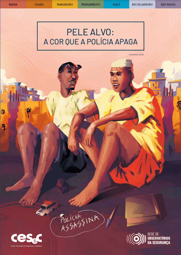 Capa do boletim 'Pele alvo: a cor que a polícia apaga'. Reprodução: Rede de Observatórios da Segurança.
